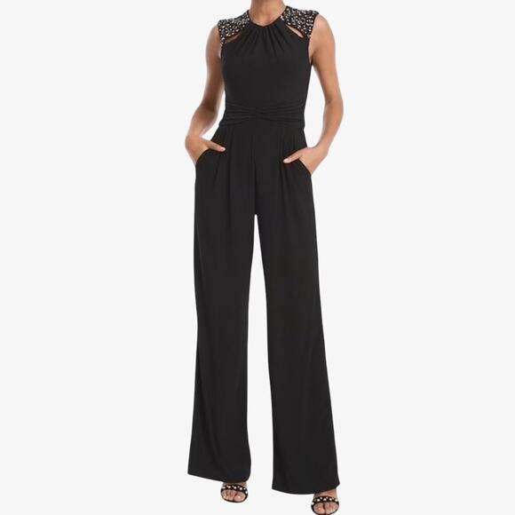 Vince Camuto Black Formal Jumpsuit Size M Rhinestone Embellished Cutout Shoulder - Picture 1 of 15